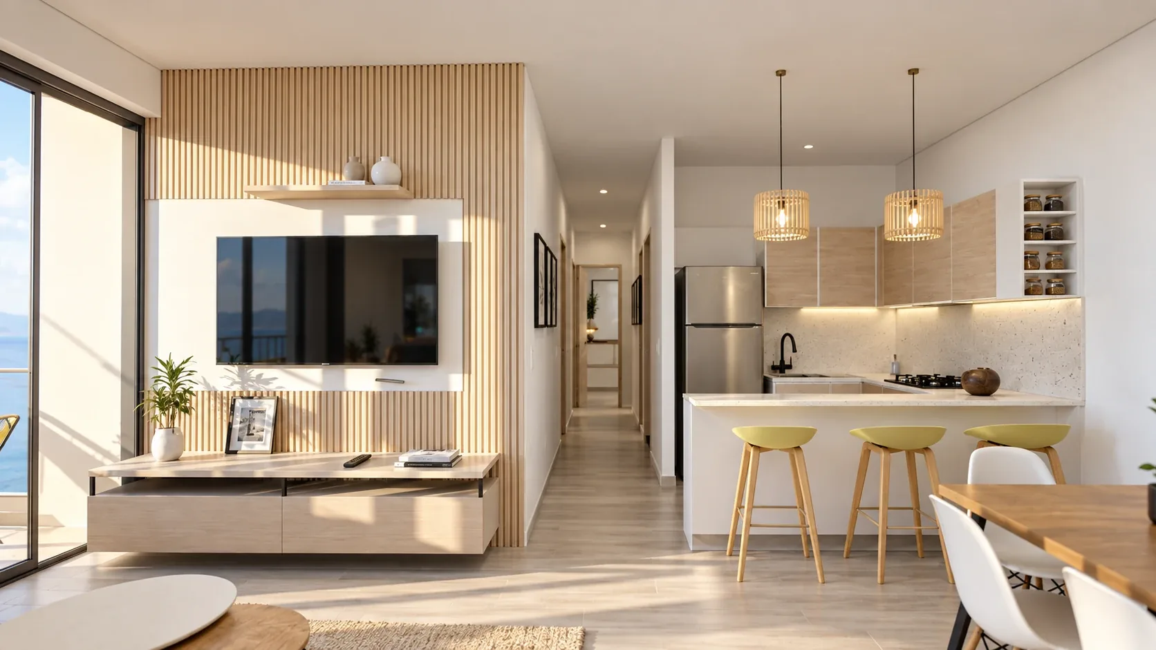 CORALINA — Cocina integrada y pasillo de habitaciones