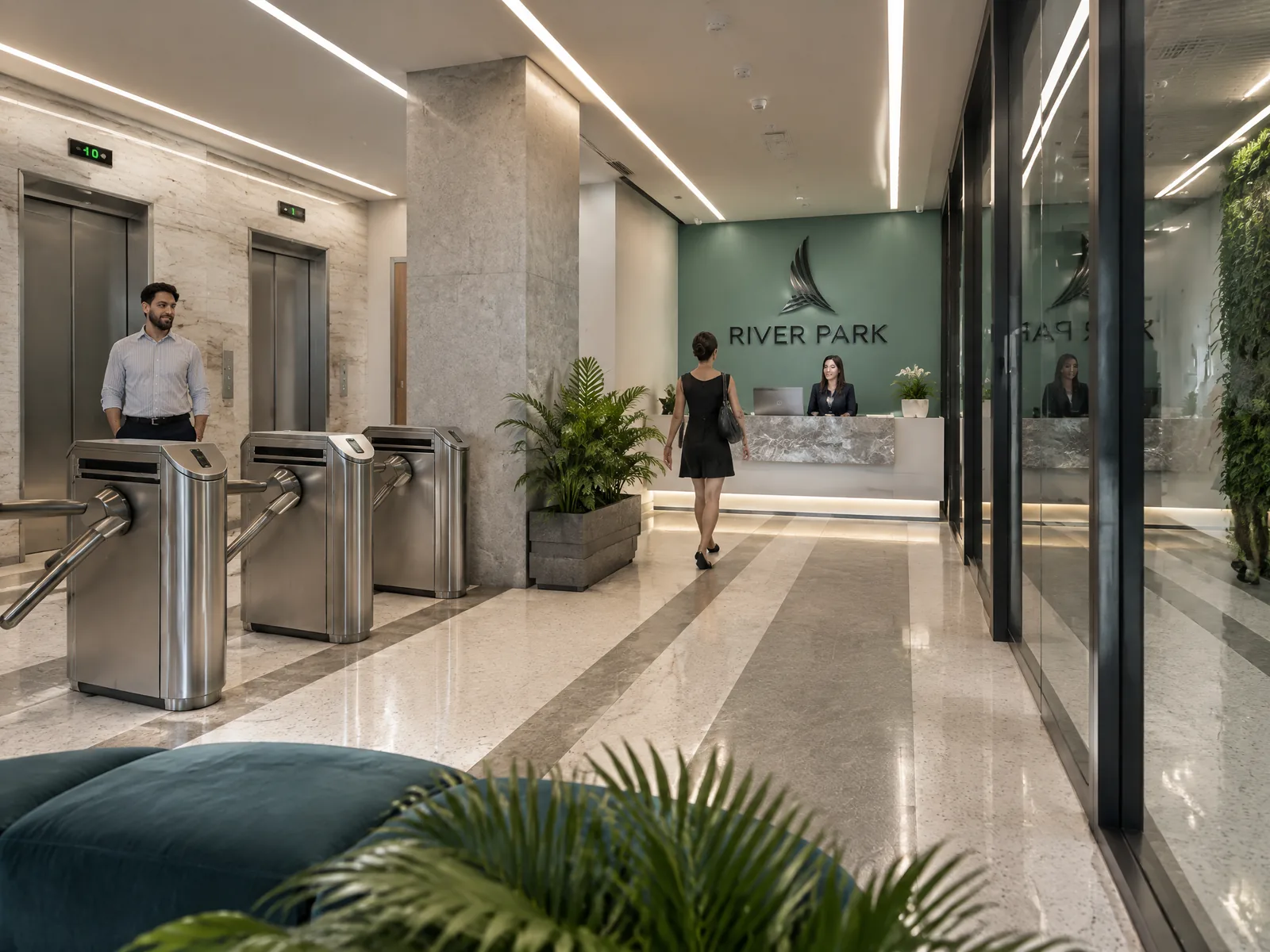 RIVER PARK — Lobby y recepción con control de acceso